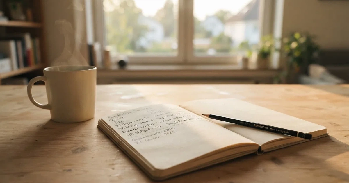 Eine Kaffeetasse, ein Notizbuch mit handschriftlichen Notizen und ein Bleistift auf einem hellen Schreibtisch am Morgen.