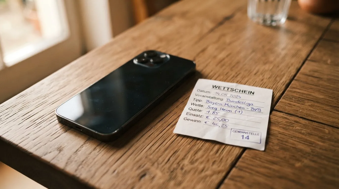Ein Smartphone mit dunklem Display liegt neben einem leeren Papier-Wettschein auf einem Holztisch, Licht fällt von der Seite.