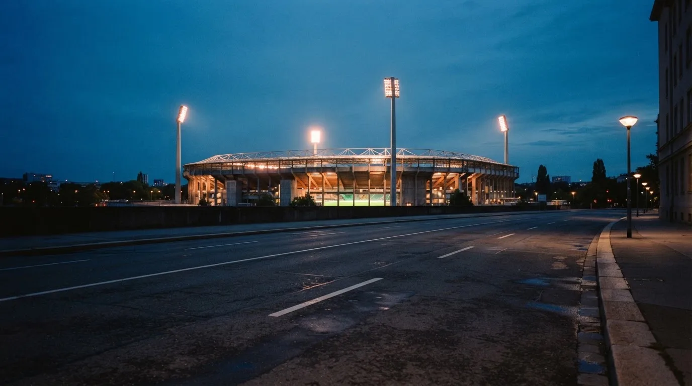 Ein Stadion unter Flutlicht aus großer Entfernung, davor eine leere Straße in der Abenddämmerung.
