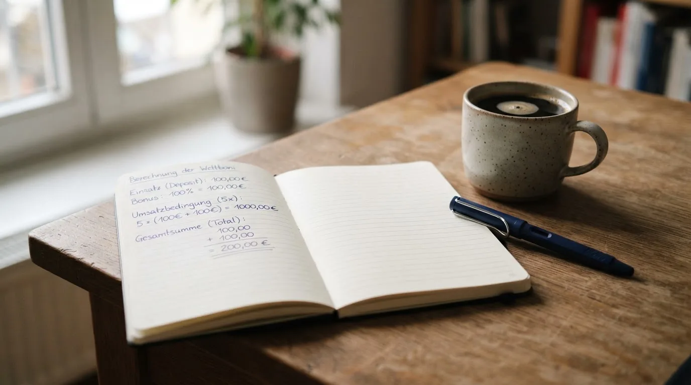 Ein Notizbuch mit handschriftlichen Notizen und ein Taschenrechner stehen auf einem Schreibtisch, daneben eine Tasse.