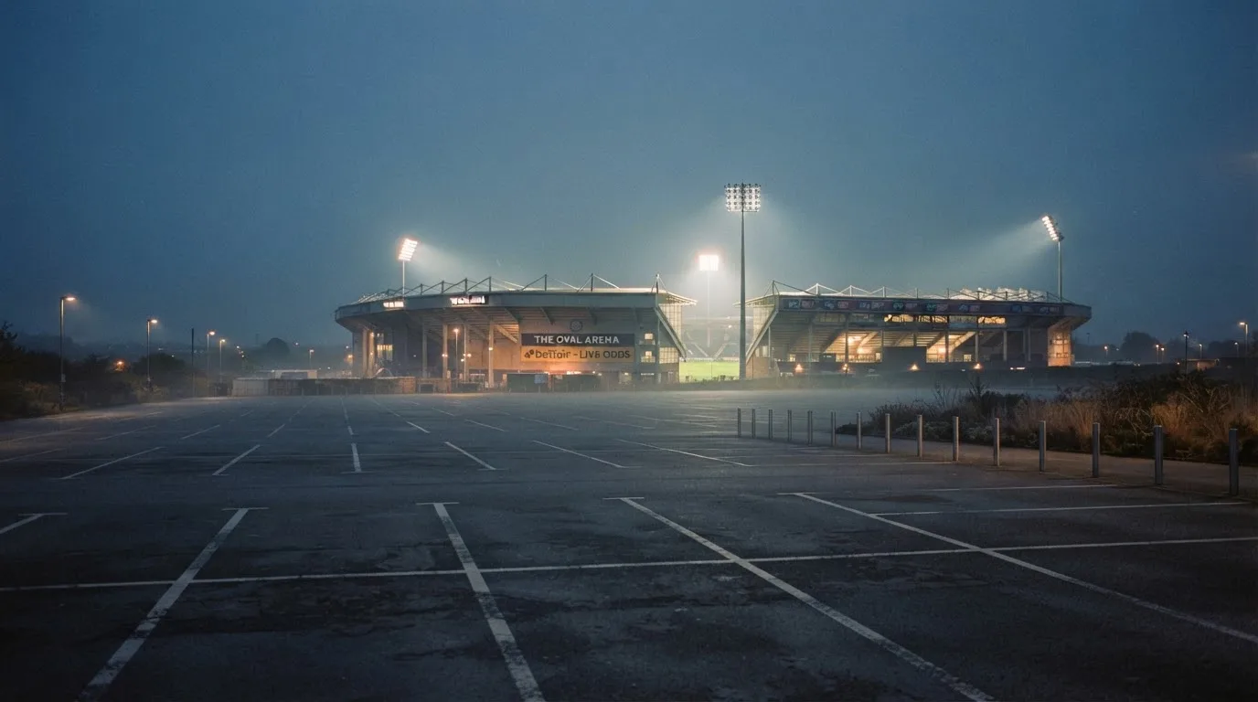 Ein Stadion unter Flutlicht aus der Ferne gesehen, davor ein leerer Parkplatz im Dunst.