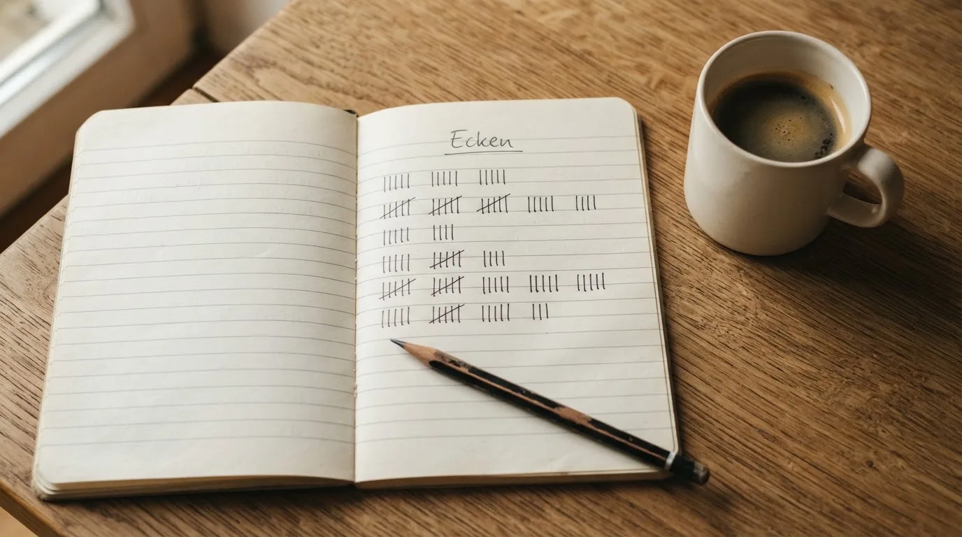 Ein Notizbuch mit handgeschriebenen Strichlisten liegt neben einem Bleistift und einer Kaffeetasse auf einem Holztisch.