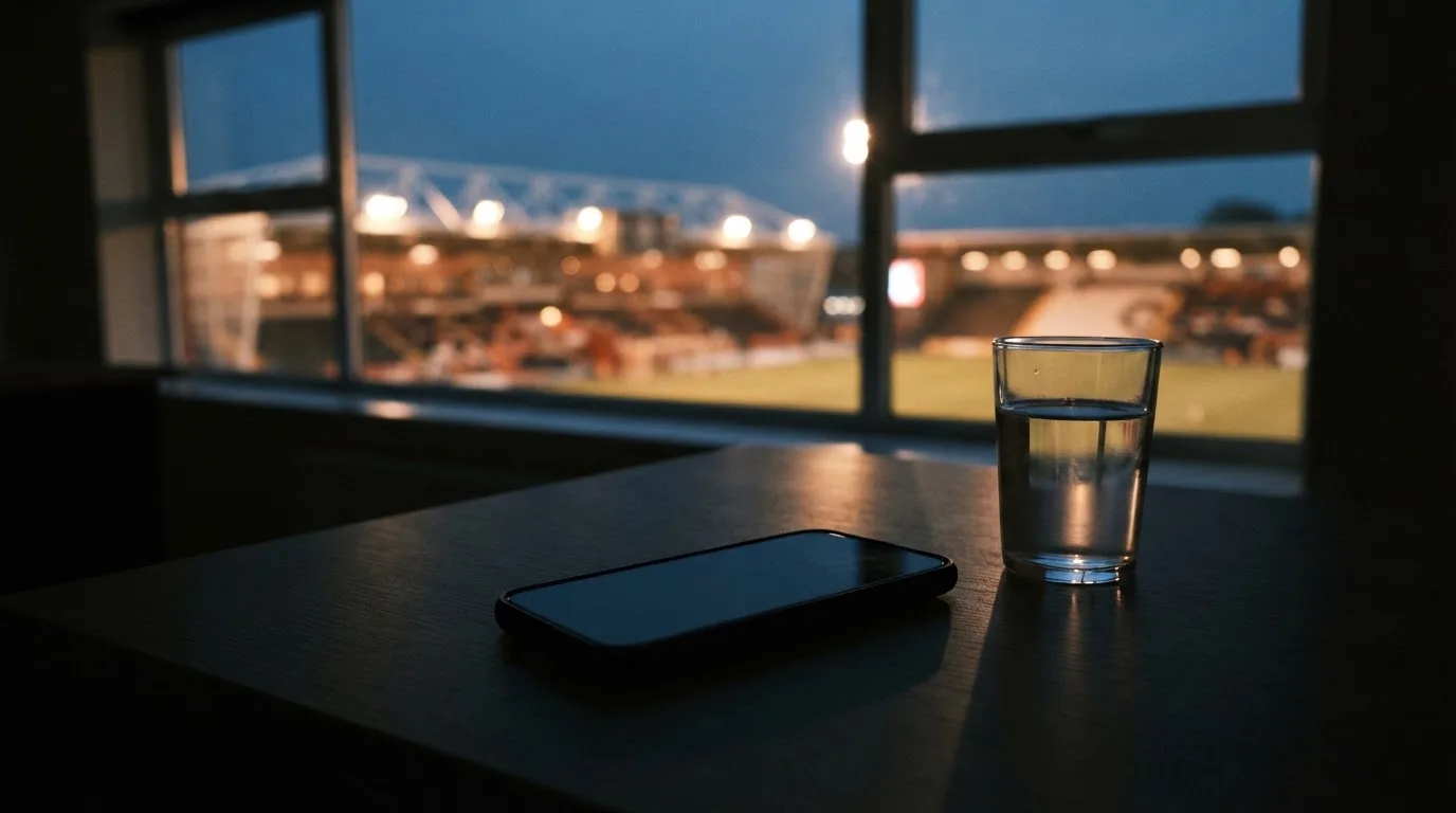 Ein Smartphone mit dunklem Display liegt auf einem Schreibtisch neben einem Glas Wasser, im Fenster dahinter ein Stadion im Dämmerlicht.