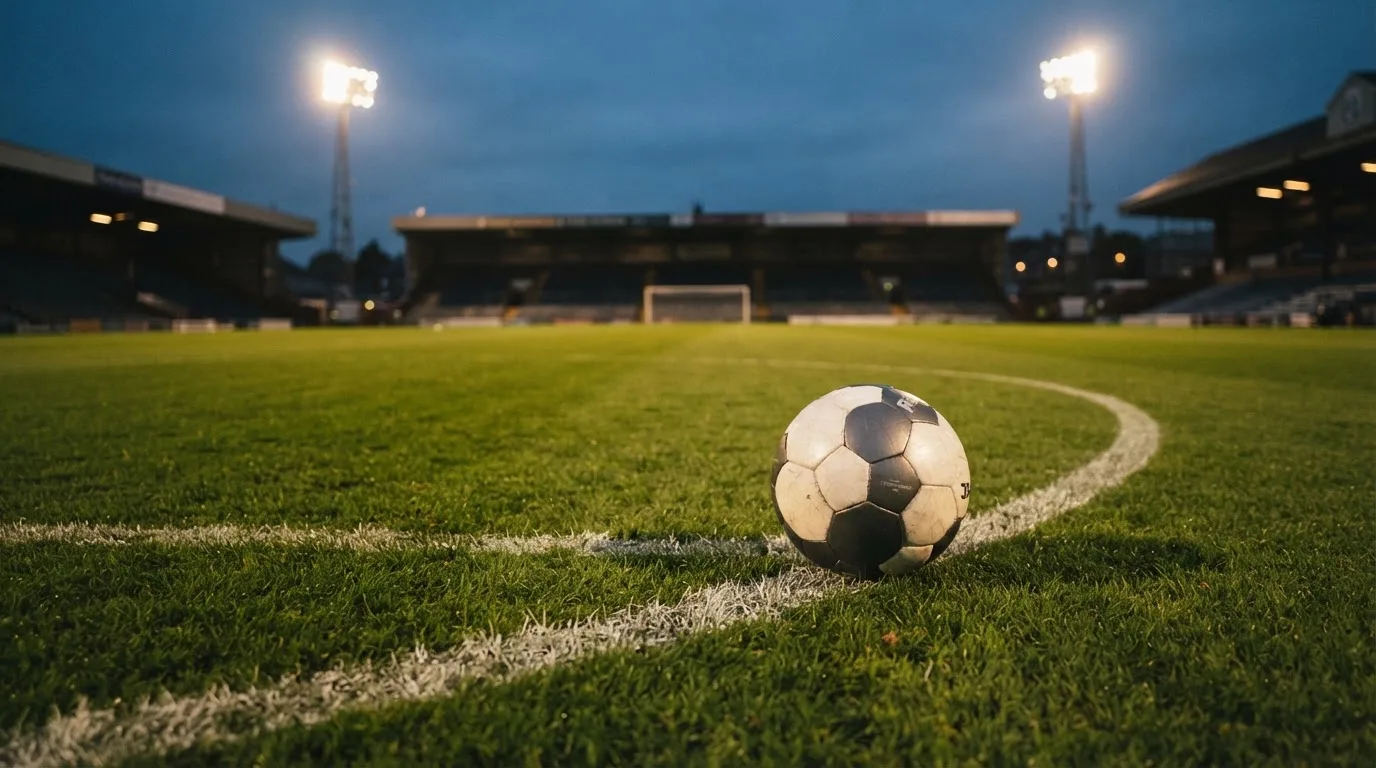 Ein Fußball liegt auf dem Mittelkreis eines leeren Rasenplatzes unter Flutlicht am frühen Abend, die Tribünen sind nur schemenhaft zu erkennen.
