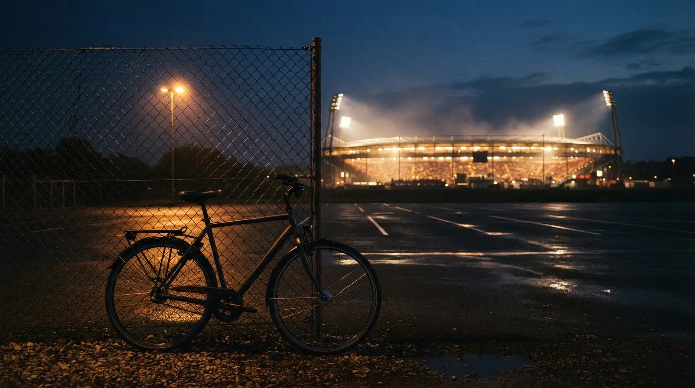 Ein Stadion unter Flutlicht aus der Ferne gesehen, davor ein dunkler Parkplatz und ein einzelnes Fahrrad an einem Zaun.