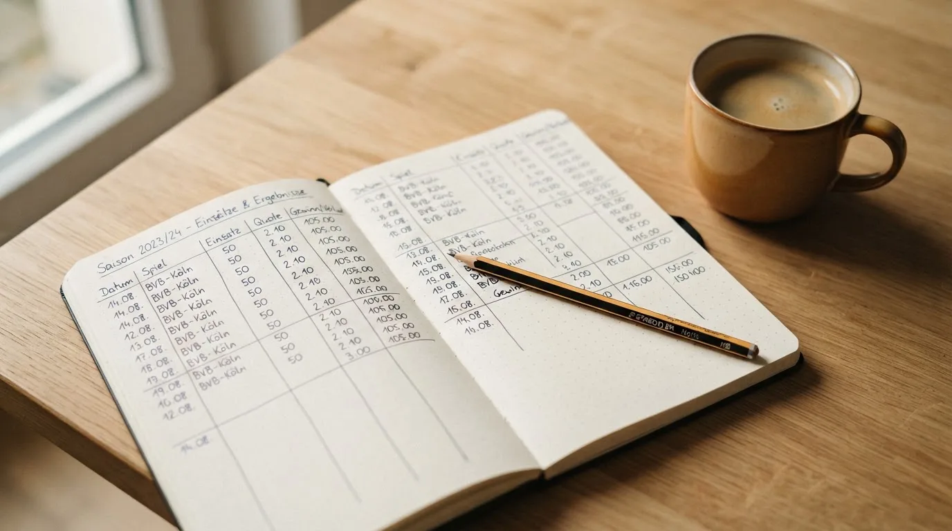 Ein Notizbuch mit handschriftlichen Zahlenreihen und ein Bleistift liegen auf einem Küchentisch neben einer Tasse.