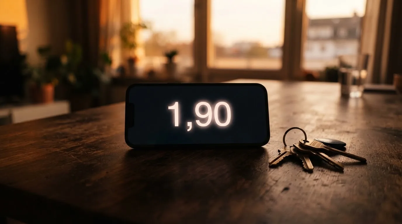 Ein Smartphone mit dunklem Display liegt auf einem Holztisch, daneben ein Schlüsselbund, im Hintergrund ein Fenster mit Abendlicht.