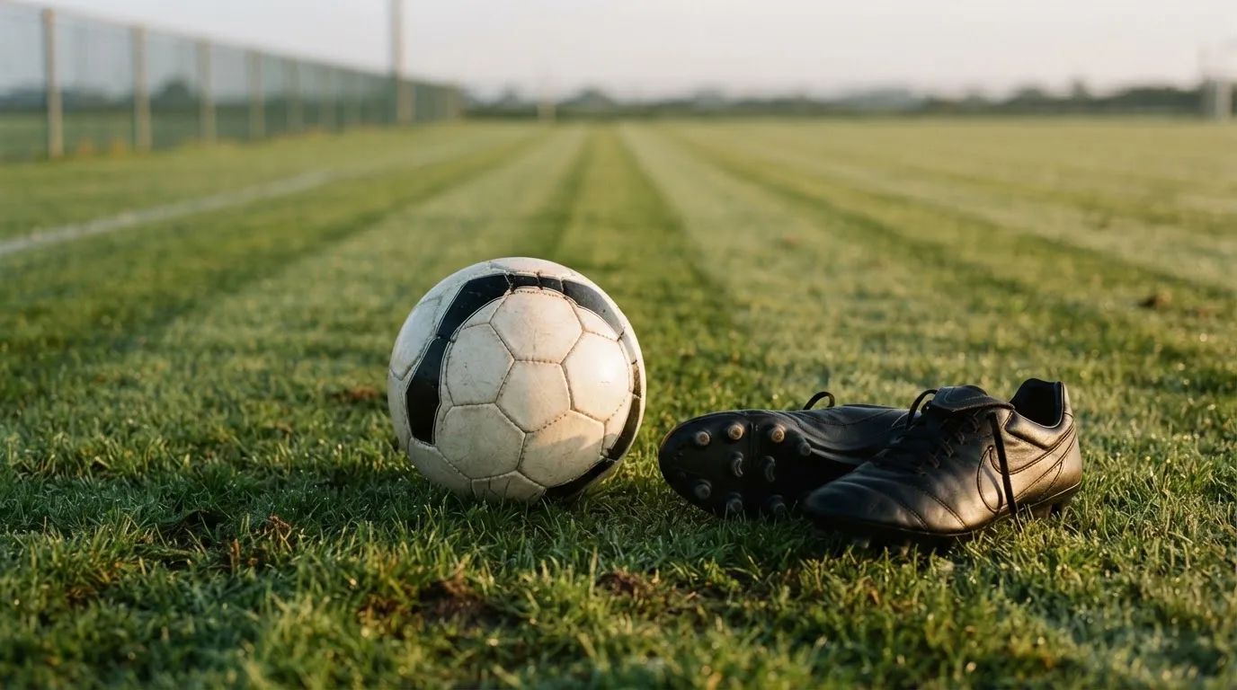 Ein Fußball auf frisch gemähtem Rasen im Morgenlicht, daneben ein Paar Fußballschuhe ohne erkennbare Marke.