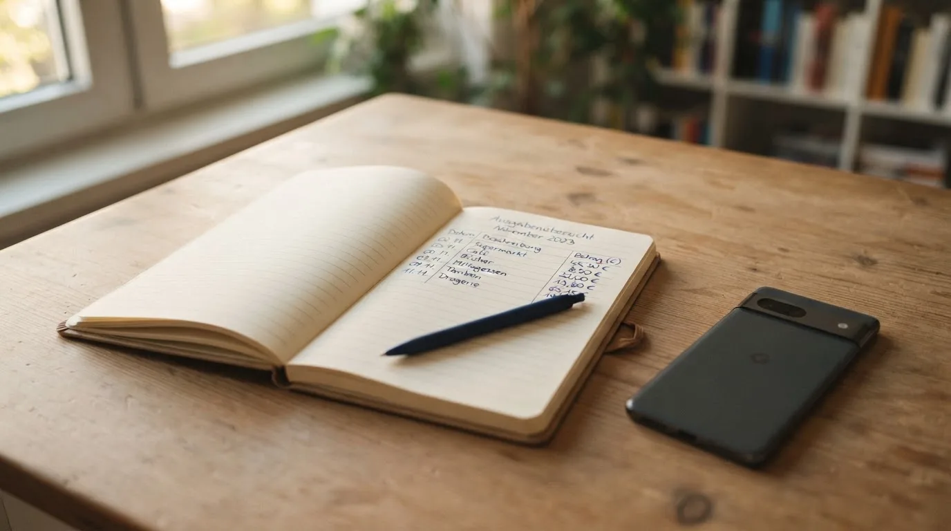 Ein Notizbuch mit handgeschriebenen Zahlen und ein Kugelschreiber liegen auf einem Tisch, daneben ein Smartphone mit schwarzem Bildschirm.
