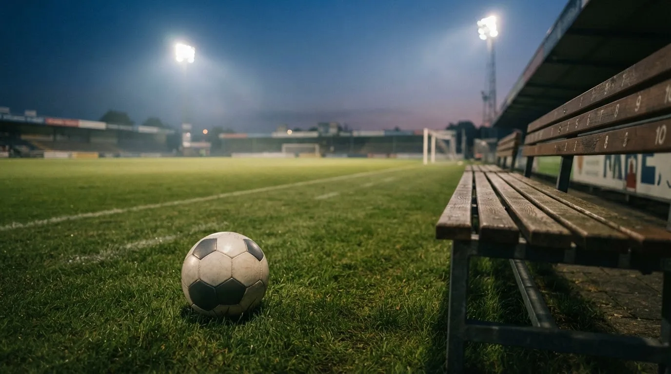 Ein Fußball liegt am Spielfeldrand neben einer leeren Ersatzbank, das Flutlicht über dem Platz leuchtet in der Dämmerung.