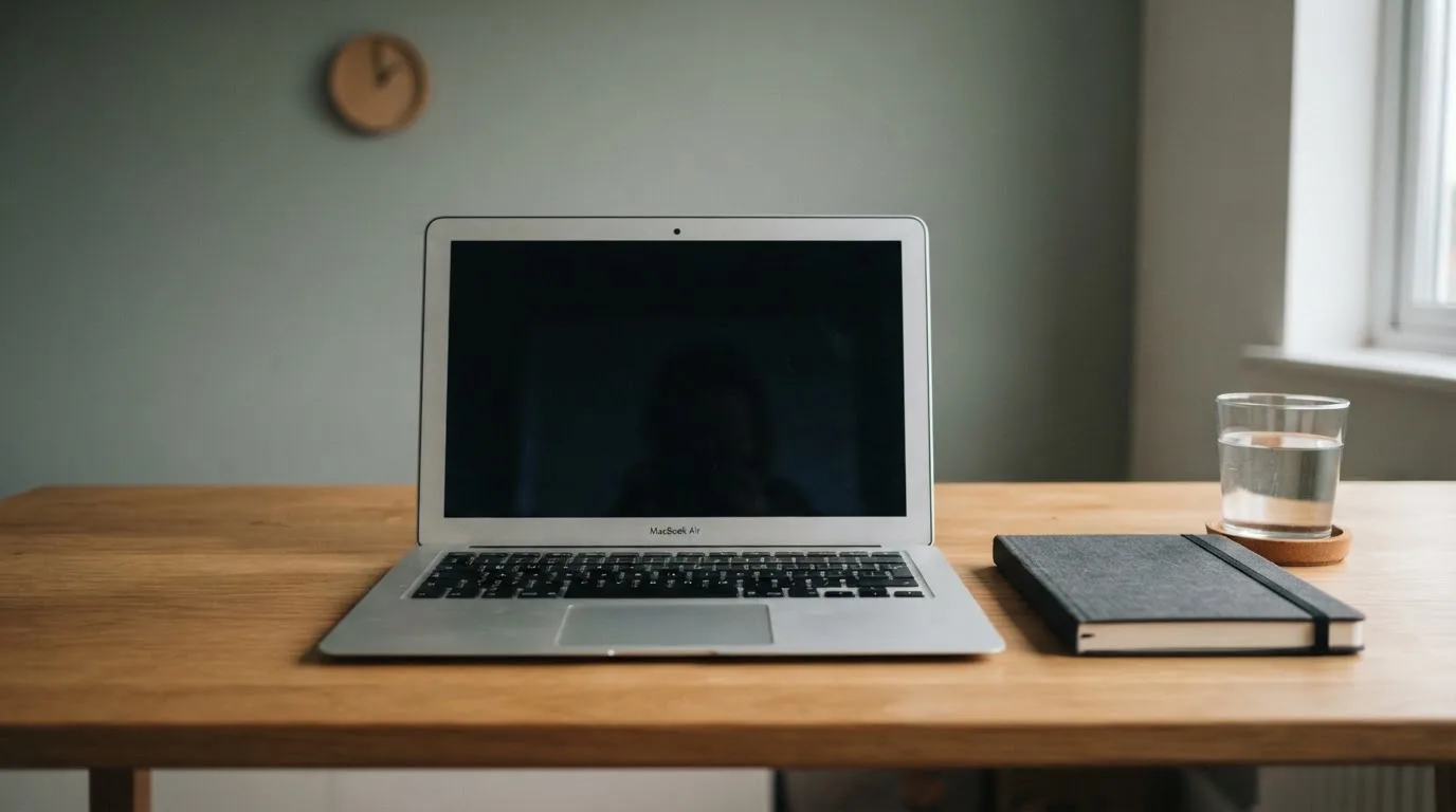 Ein Laptop mit dunklem Bildschirm steht aufgeklappt auf einem Schreibtisch, daneben ein Notizbuch und ein Glas Wasser.