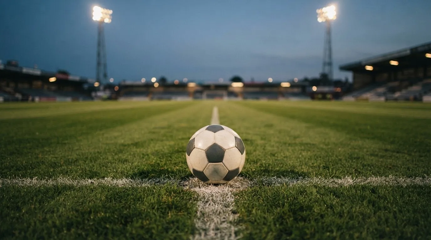 Ein Fußball liegt auf dem Anstoßpunkt eines Rasenplatzes in der Abenddämmerung, Flutlichtmasten stehen unscharf im Hintergrund.