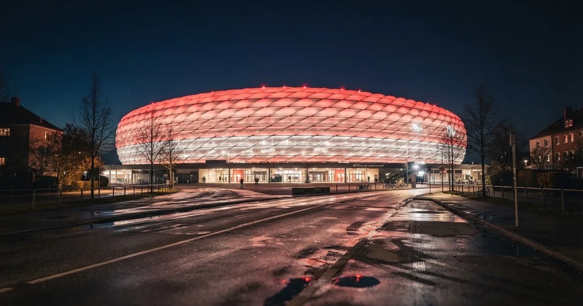 Ein hell erleuchtetes Fußballstadion bei Nacht aus der Ferne gesehen, über dem Dach ein klarer Himmel, davor eine leere Straße.
