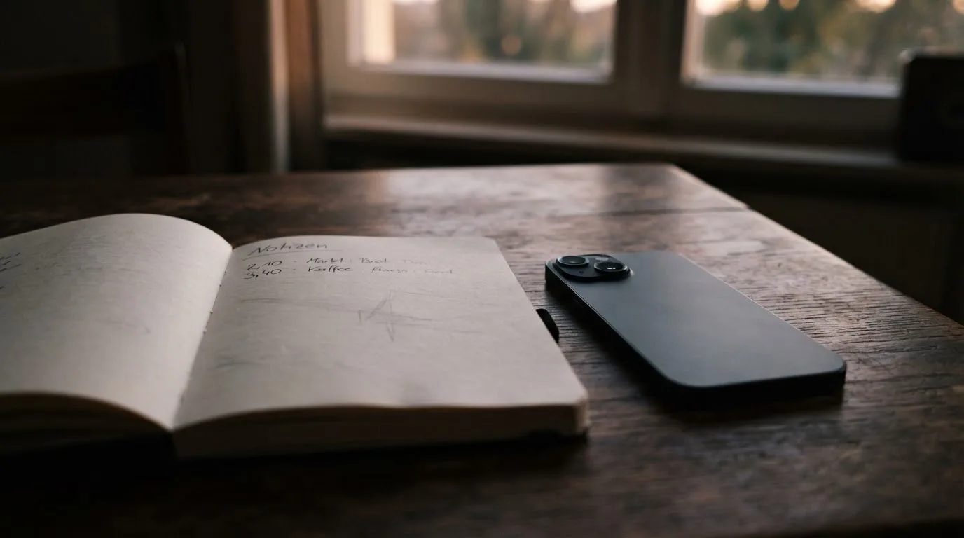 Ein Notizbuch mit handschriftlichen Zahlen liegt neben einem Smartphone mit dunklem Display auf einem Tisch, im Fenster Dämmerlicht.
