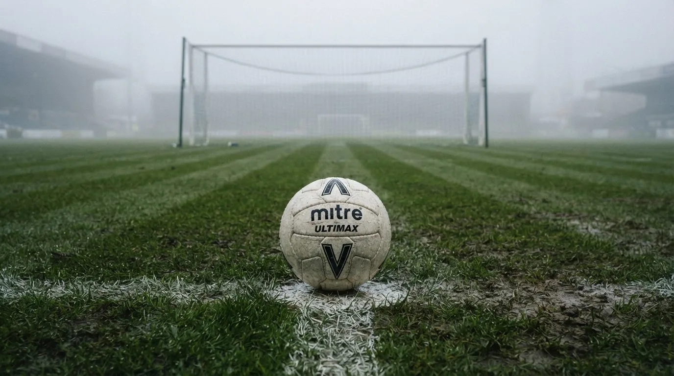 Ein Fußball liegt auf dem Elfmeterpunkt eines nassen Rasenplatzes, im Hintergrund ein leeres Tor im Nebel.