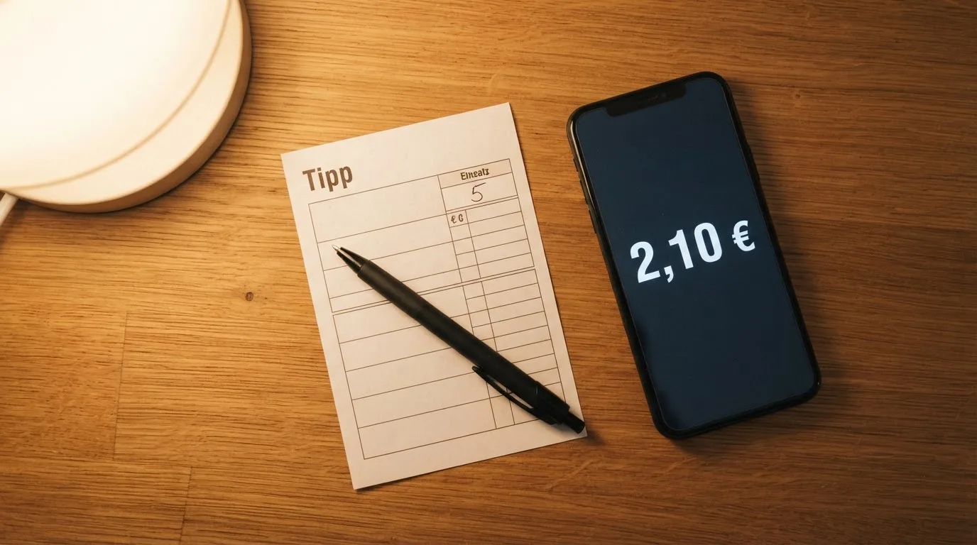 Ein leerer Papier-Wettschein und ein Kugelschreiber liegen auf einem Holztisch neben einem schwarzen Smartphone.