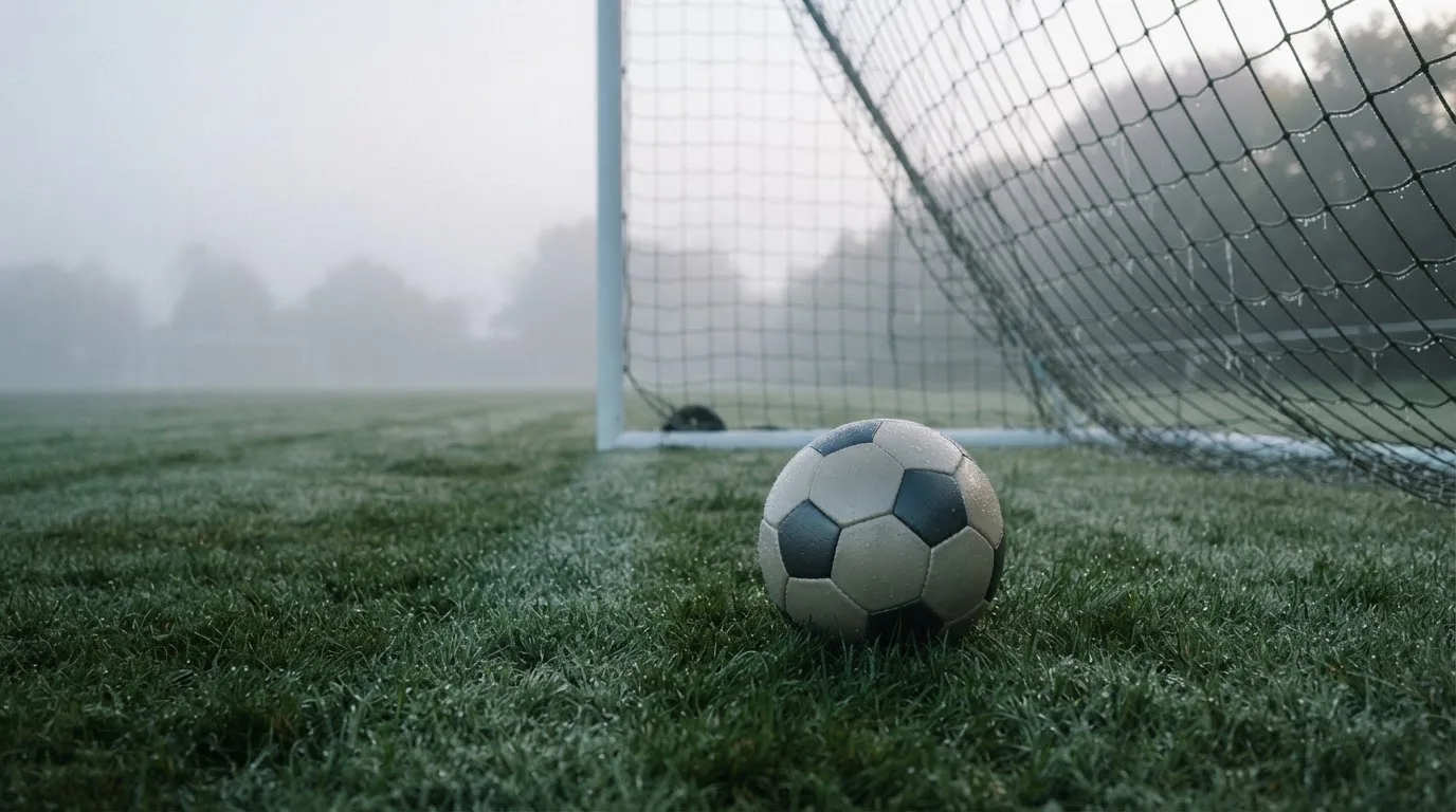 Ein Fußball liegt auf dem Rasen vor einem Tor im Morgennebel, die Netzmaschen sind taufeucht.