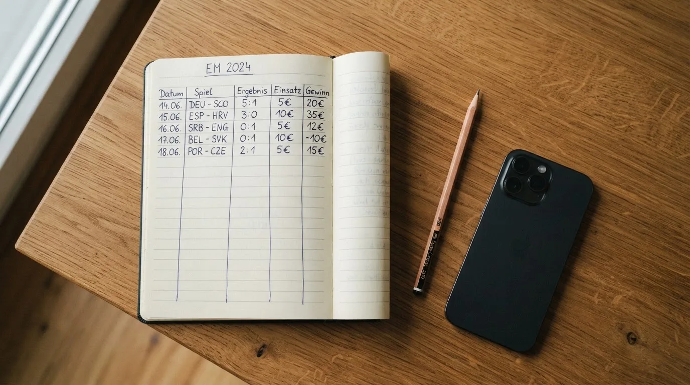 Ein Notizbuch mit handschriftlichen Zahlenreihen liegt neben einem Bleistift und einem Smartphone mit dunklem Display auf einem Tisch.