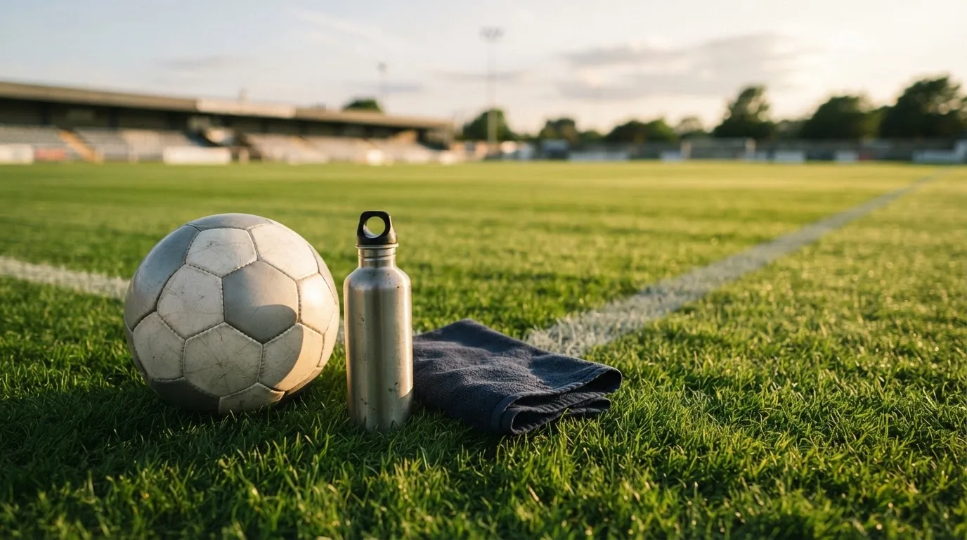 Ein Fußball auf einer Wiese neben der Seitenlinie, daneben eine Trinkflasche ohne Aufdruck und ein Handtuch.