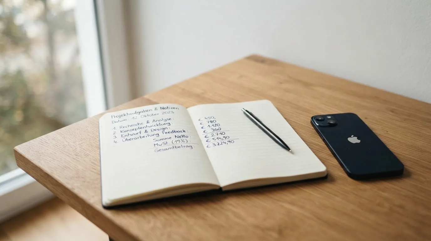 Ein Notizbuch mit handschriftlichen Notizen und ein Taschenrechner liegen auf einem Schreibtisch neben einem Smartphone mit dunklem Display.