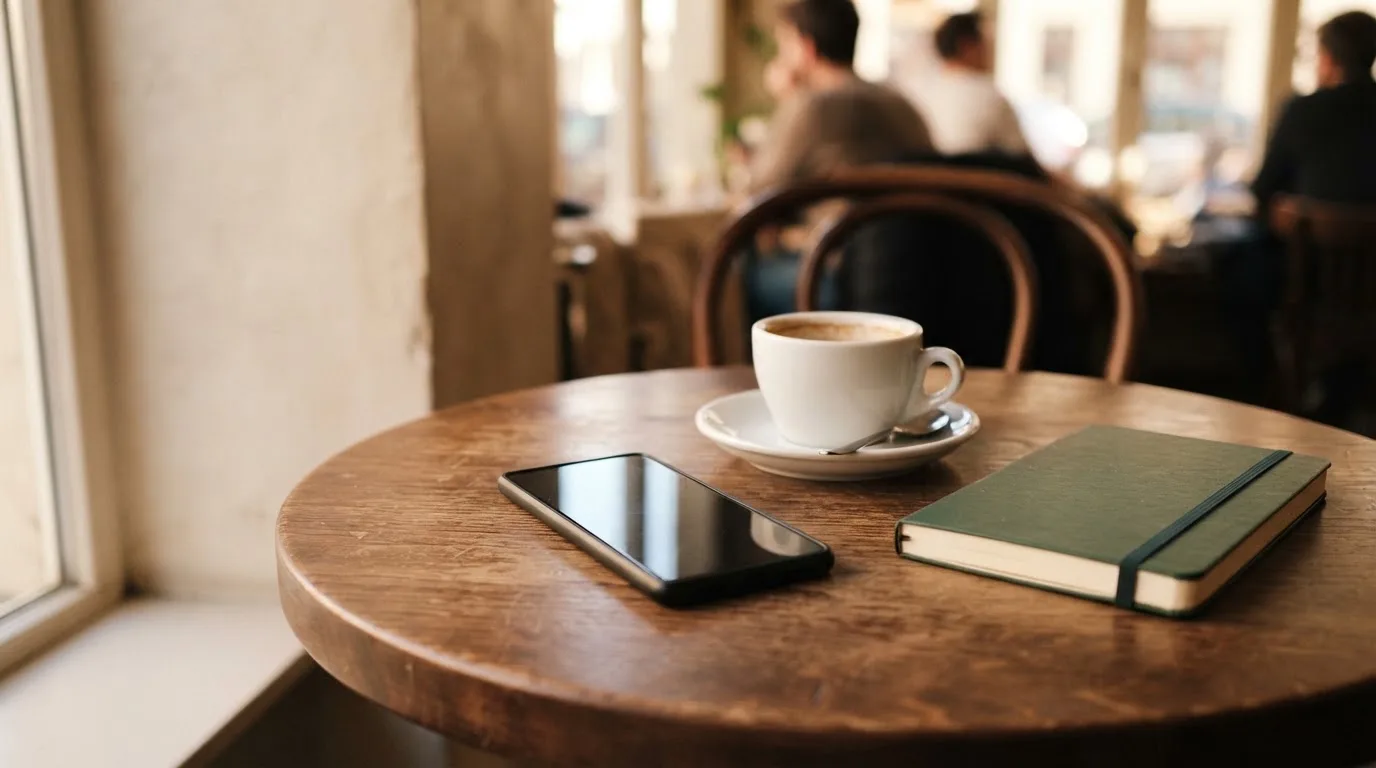 Ein Smartphone liegt mit schwarzem Display neben einer Kaffeetasse und einem Notizblock auf einem Café-Tisch.
