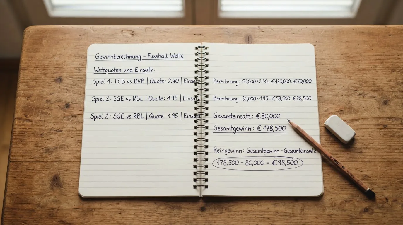 Ein Notizbuch mit handschriftlichen Multiplikationen liegt aufgeschlagen auf einem Holztisch, daneben ein Bleistift und ein Radiergummi.
