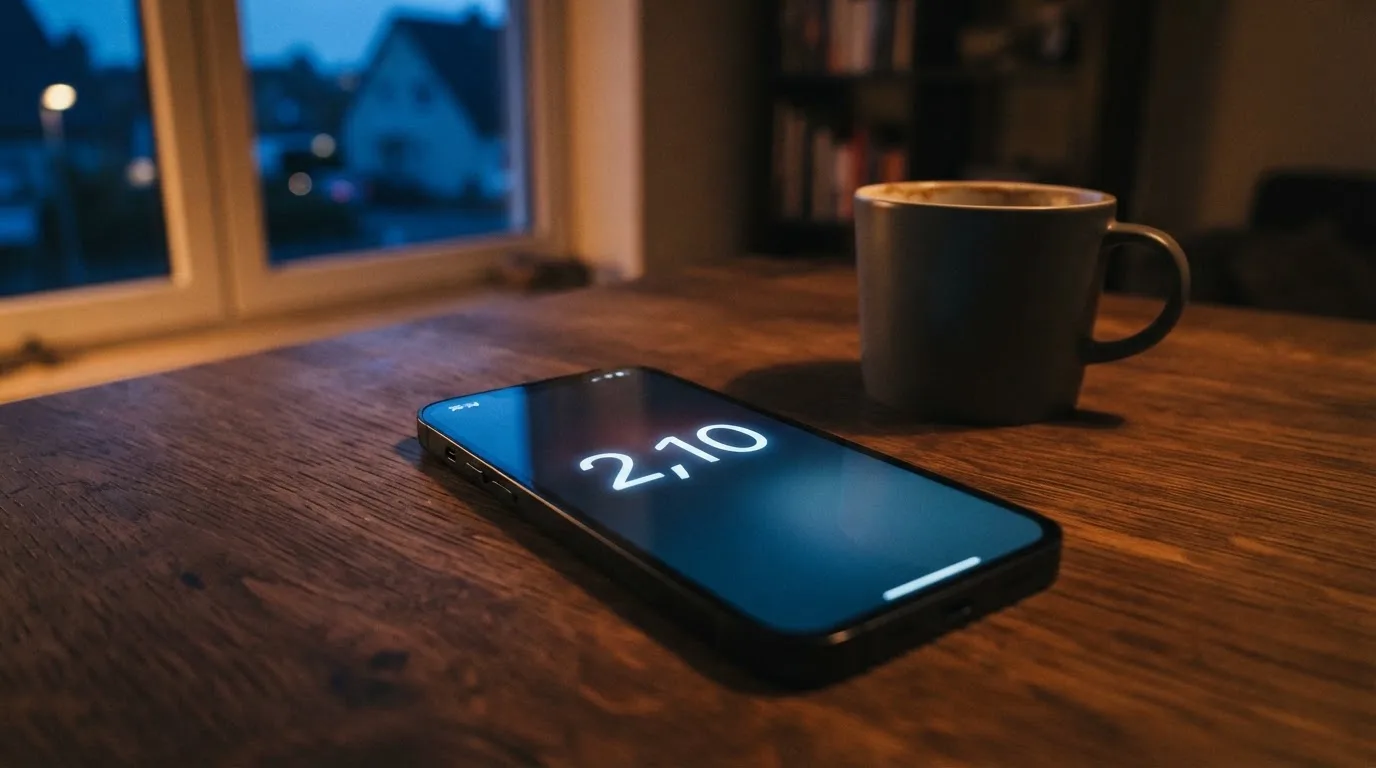 Ein Smartphone mit dunklem Display liegt neben einer Kaffeetasse auf einem Schreibtisch, durch das Fenster fällt Abendlicht.