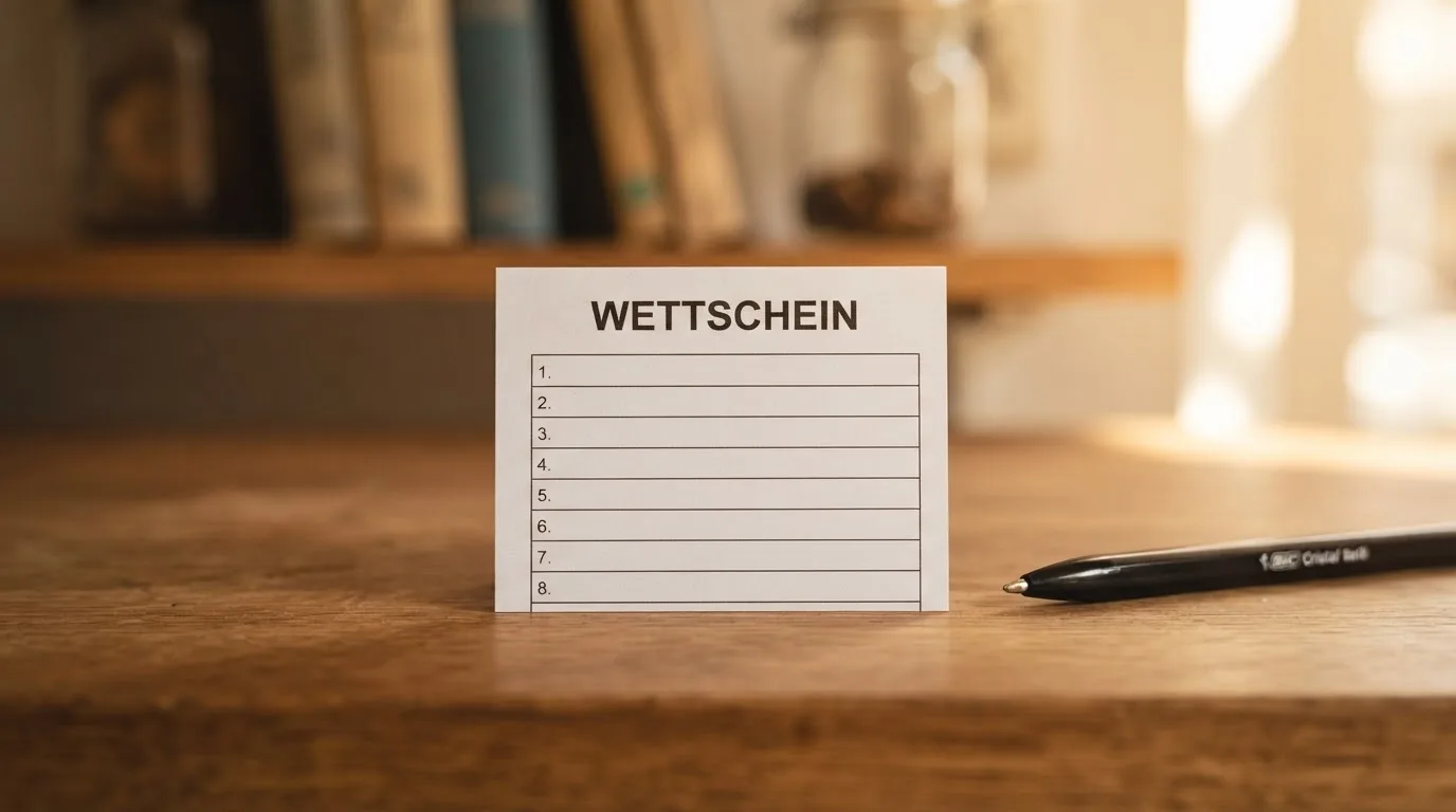 Ein leerer Wettschein aus Papier liegt neben einem Kugelschreiber auf einem Tresen, im Hintergrund unscharf ein Regal.