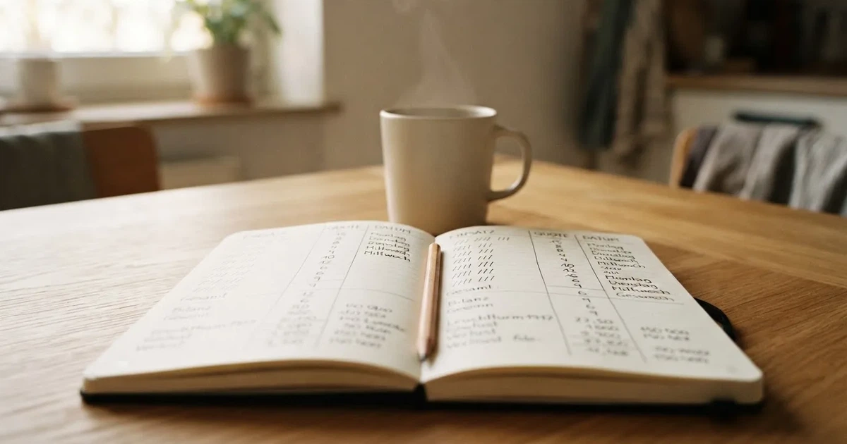 Ein aufgeschlagenes Notizbuch mit handgezeichneten Spalten und Strichen liegt neben einem Bleistift und einer Kaffeetasse auf einem Tisch am Morgen.