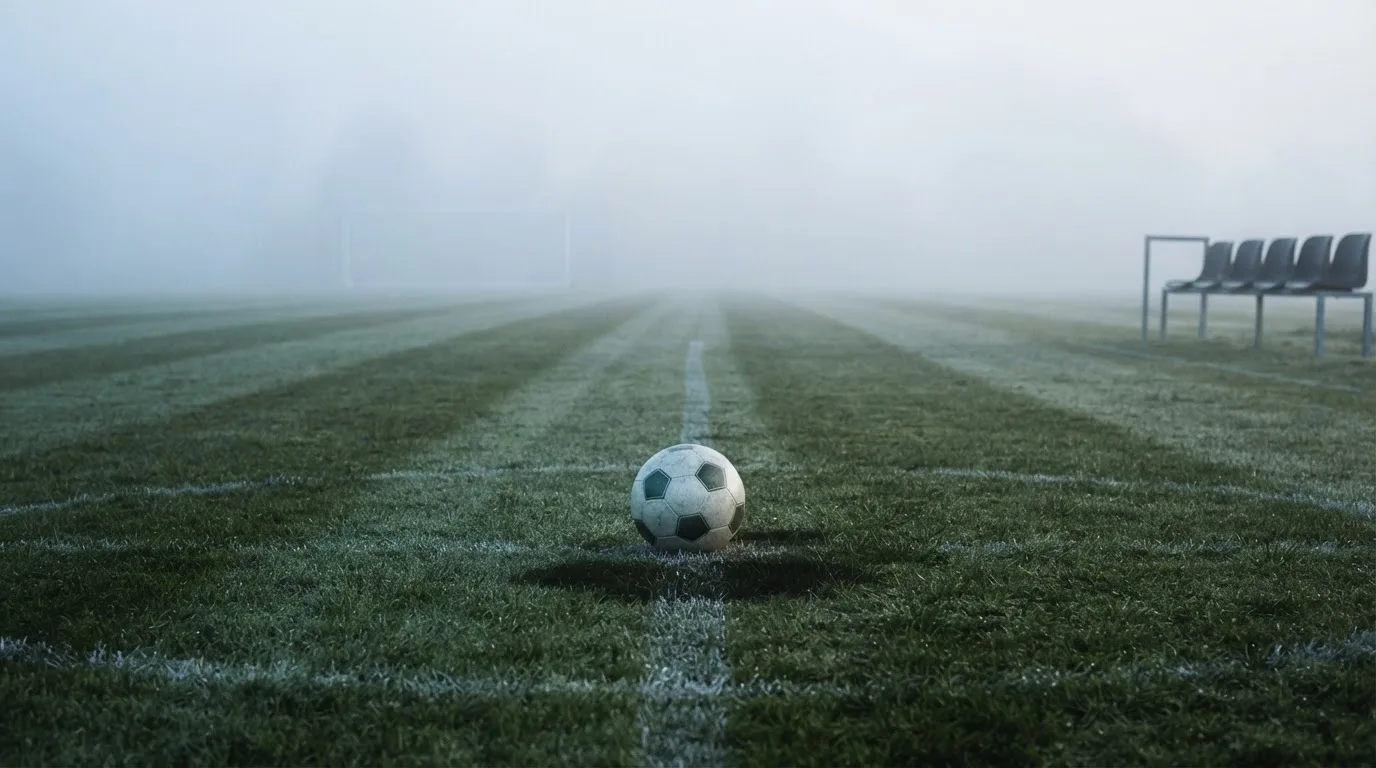 Ein Fußball liegt in der Mitte eines leeren Rasenplatzes im Morgennebel, am Rand steht eine einzelne Auswechselbank.