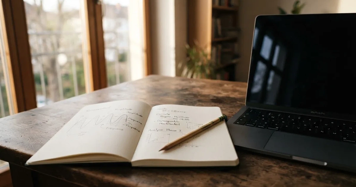 Ein Laptop-Bildschirm bleibt dunkel, davor ein Notizbuch mit handgezeichneten Kurven und ein Bleistift auf einem Schreibtisch am Fenster.