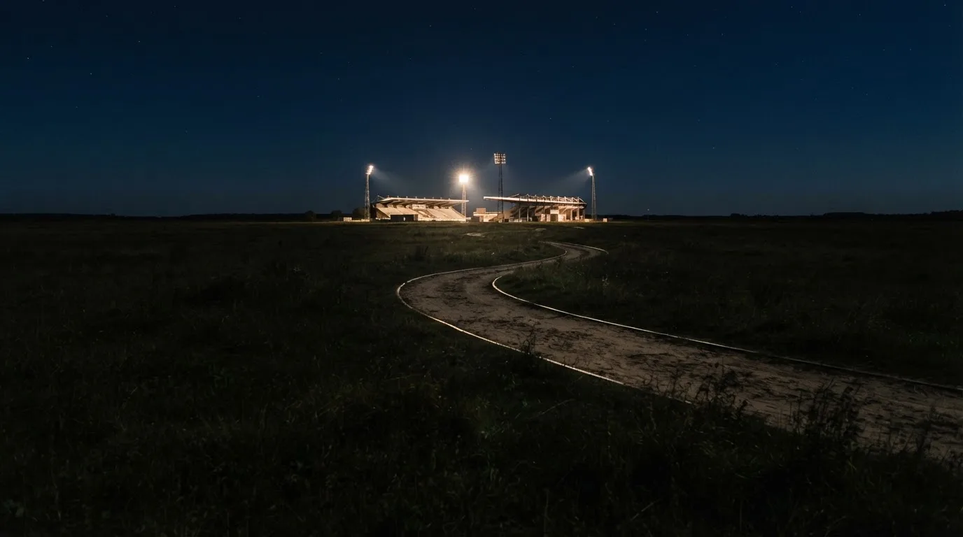 Ein Stadion unter Flutlicht von weitem gesehen, davor ein Feld und ein Feldweg im Dunkeln.